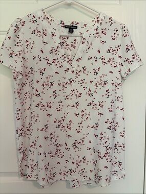Hilary Radley White Blouse with Pink and Red Floral Scatter